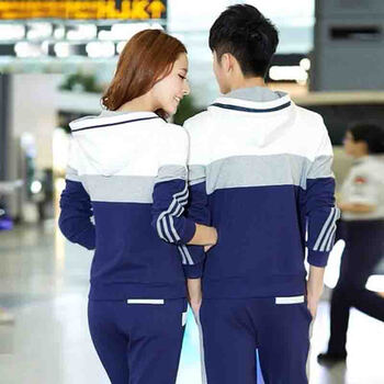 丽即 2015运动套装春秋运动服大码运动情侣套装 男女长袖休 蓝色 女XL
