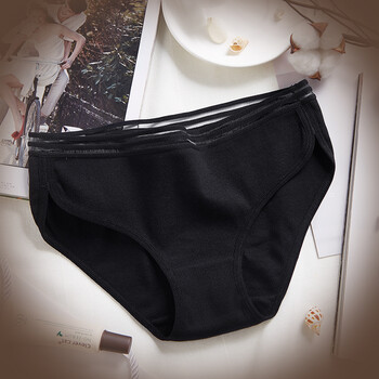 条纹高叉不嘞腿少女学生棉内裤女性感中腰网纱白色女士三角内裤 黑色