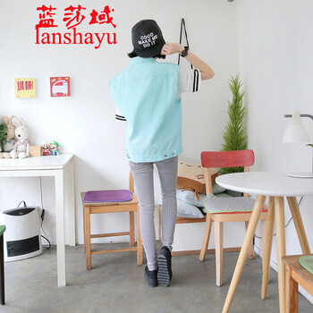 翠柳花花2016新款女装秋冬糖果色大码外套牛仔背心宽松马甲坎M111C0859 糖果蓝 M