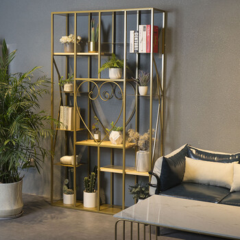 铁艺落地屏风实木玄关架办公室隔断客厅阻断置物架书架现代简约 定制