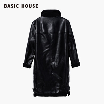Basic House/百家好秋冬新品修身保暖pu革撞色拼接外套HORF725A 黑色/BK 160/84A/M