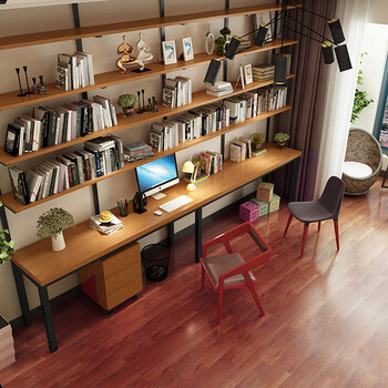 可定做鼎聚全实木书桌书房双人书桌书架一体组合家用办公写字台式电脑