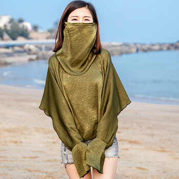 夏天防晒披肩女骑车开车防晒衣口罩一体防紫外线披风斗篷丝巾百搭 绣