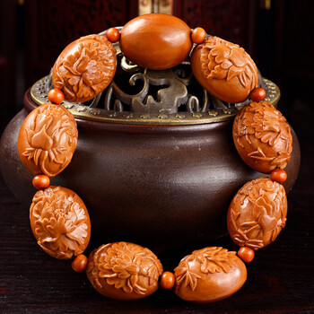 盘道 橄榄核手串 花开富贵 文玩橄榄核雕手链 南工大师刘琴刻 1.7*2.