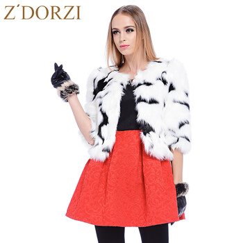 zdorzi/卓多姿秋冬新款保暖整皮七分袖仿皮草短款外套928297 黑白 S