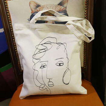 {}个性抽象画素描女拉链帆布包单肩帆布袋学院风百搭购物袋 抽象素描