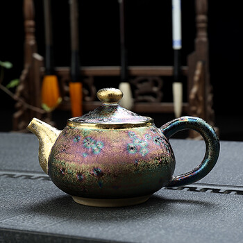 乾艺堂 纯手工七彩孔雀茶壶盏建盏陶瓷功夫茶具天目釉油滴窑变把壶