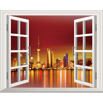 山水3d仿真立体假窗户墙贴纸客厅创意装饰墙贴画卧室风景墙面装饰 夜