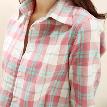 绣衣传香 2015春秋季女装韩版修身翻领格子衬衫女长袖衬衣学院风小清新格子上衣 粉红色 XL