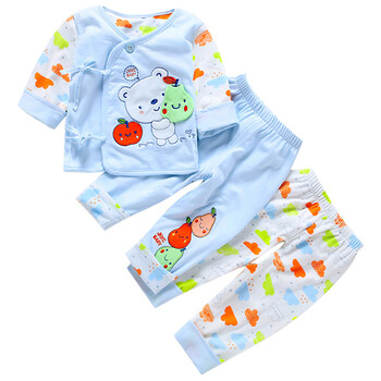 健康快车男女宝宝套装婴儿春秋装薄纯棉新生儿衣服外套双层夹衣不夹棉0-3 蓝色三件套 59码（建议0-2月）