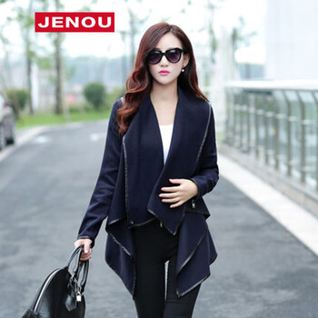 jenou欧洲站2015秋装新款日韩秋款女装风衣中长款外套女学生斗篷风衣韩版修身潮 蓝色 M