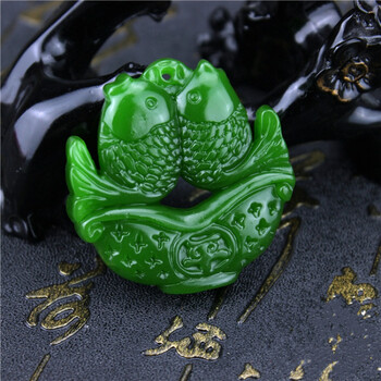 rosefree 天然和田碧玉鱼篓吊坠菠菜绿男女款仿古镂空双面年年有鱼玉