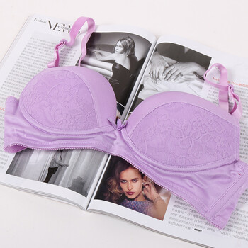 天然桑蚕丝立体罩杯薄款真丝文胸无钢圈蕾丝边深v聚拢睡眠内衣 浅紫色