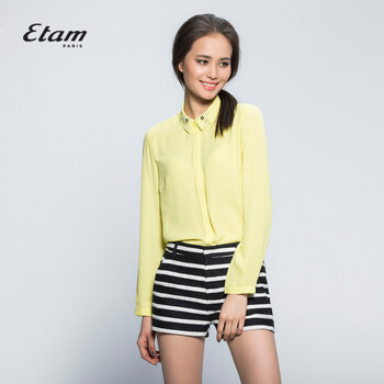 艾格 ETAM 纯色钉珠雪纺衬衫15011402121 黄色 170/40/L