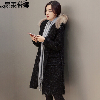 蒙莱帝娜2015秋冬新款女装呢大衣女韩版中长款西装领毛呢大衣毛呢外套女797 黑色  L