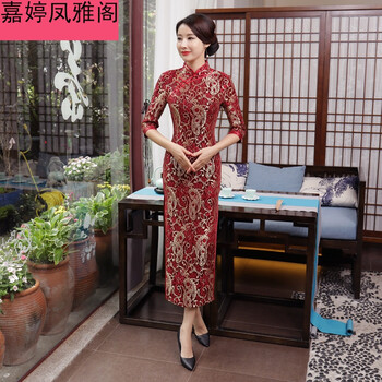 应否气质春秋新款旗袍改良时尚妈妈装旗袍修身气质日常中国风长款旗袍 樱桃红T0054-A XXXL