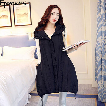 衣品辰（Epcen）2015秋冬新品女装加厚连帽长款马甲棉服外套XJM9090 黑色 L