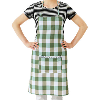 韩式清新围裙防污无袖衣肩带式简约围裙时尚布艺围裙 纯棉-绿色格子
