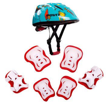 普为特POVIT轮滑护具儿童头盔套装7件套自行车滑板溜冰鞋儿童护具 红色护具+浅蓝色头盔