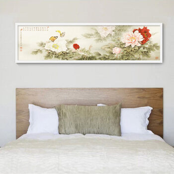 
                                        乐逸新中式卧室装饰画床头画现代简约客厅壁画沙发背景墙画横幅挂画 幸福海棠 135x35cm木色画框（适合1.5米床）                