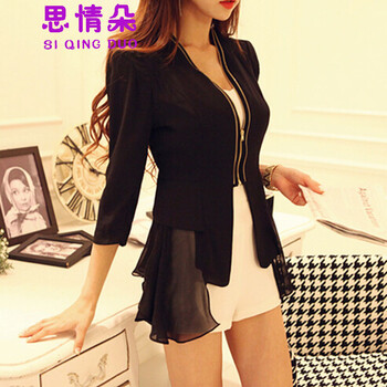 思情朵 2015秋装新款西装外套时尚韩版雪纺拼接修身长袖小外套9024# 白色 S