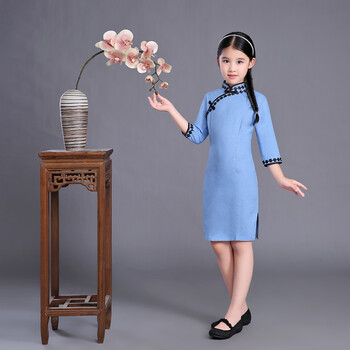 儿童旗袍2018新款女童中国风唐装民国古筝演出服连衣裙 蓝色*花边旗袍