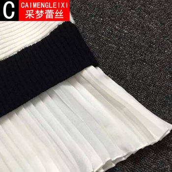 【双十一特价】采梦蕾丝2015秋冬季女装新款韩版时尚黑白条纹不规则毛衣拼雪纺连衣裙B743 黑色 均码