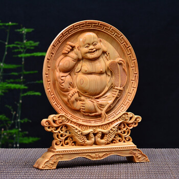 崖柏圆盘木雕摆件工艺品佛像(蒲扇弥勒)办公居家开业商务年礼品 y104