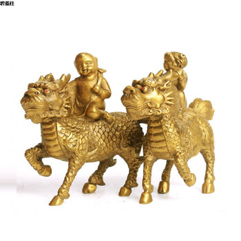 纯铜送子麒麟摆件一对背小孩镇宅求子麒麟卧室风水装饰品 新款小号一