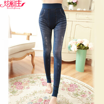 炫服庄2015新款水洗仿牛仔加绒打底裤女秋冬 加厚一体踩脚保暖裤外穿 深蓝色 均码/建议腰围1尺7-2尺4