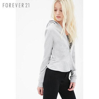 FOREVER21 荷叶边连帽短款卫衣夹克 麻灰色 M