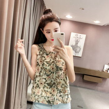 花背心女 夏季小碎花雪纺衫 宽松遮肉显瘦宽肩吊带背心女袖上衣 杏色