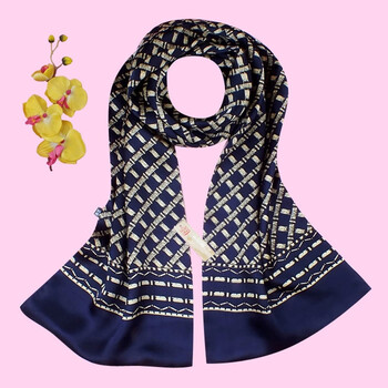 男士真丝围巾素绉缎2018年春秋季两层桑蚕丝丝巾 蓝色竹节花