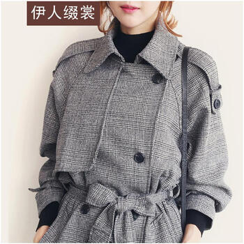 伊人缀裳 2015秋冬新款韩版女装双排扣中长款大衣大码风衣外套WT9013 灰色 S