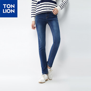 唐狮（TonLion）女微弹中腰表袋绣花修身小脚牛仔裤113422083025 1 27