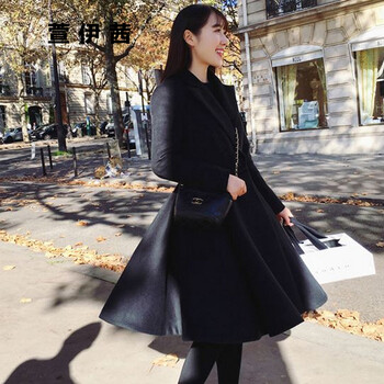 
                                        萱伊茜2015秋冬新款韩版宽松显瘦毛呢大衣女纯色翻领时尚外套 803 气质黑色 xs                