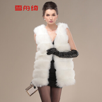 雪舟绮2015F高仿皮草马甲外套中长款显瘦修身坎肩狐狸毛背心冬A222 酒红色 L