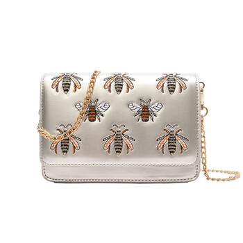 包包女2018新品小蜜蜂刺绣小方包女韩版时尚百搭链条单肩斜挎包 银色