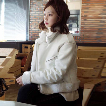 艾婳2015韩版秋冬季装加厚羔毛女修身长袖仿皮衣保暖棉衣短款外套女士 白色 M