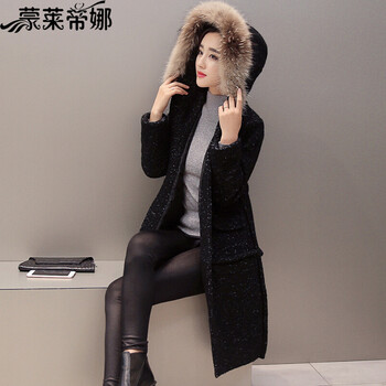 蒙莱帝娜2015秋冬新款女装呢大衣女韩版中长款西装领毛呢大衣毛呢外套女797 黑色  L