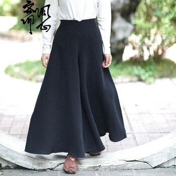 问心斋【明心】女装秋季新款 纯麻百搭阔腿裤  裙裤2678 黑色 M