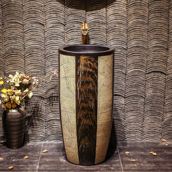 卫生间复古简易一体落地式室外洗手台洗脸盆sn3355 一体立柱雨打蕉叶