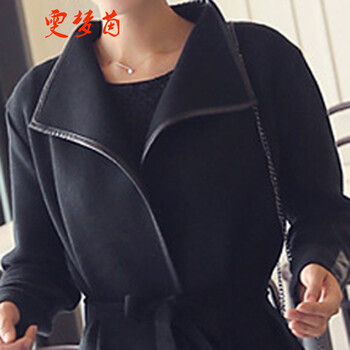 雯梦茵 开衫外套 2016秋冬装新款韩版大码女装翻领长袖系带呢子外套 复古淑女装中长款 冬 黑色 S