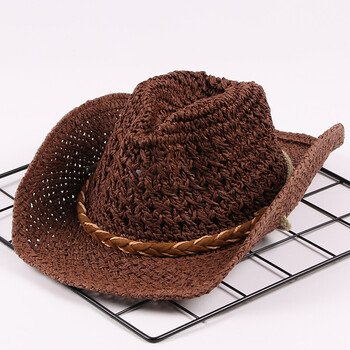 帽子夏男潮西部牛仔大檐子草帽沙滩遮阳帽男童凉帽j2 深咖 手工编织款