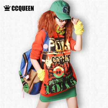 
                                        Ccqueen秋冬新款休闲中长款包臀抓绒连帽套头个性印花卫衣外套女 橘 L                
