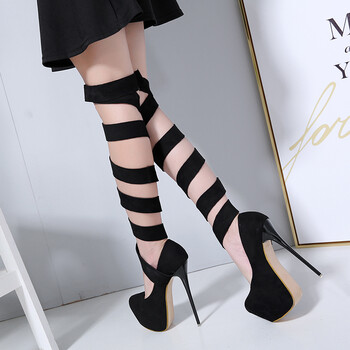 2018新款欧美时尚凉靴圆头绑带罗马风细跟高跟鞋16cm恨天高单鞋 黑色