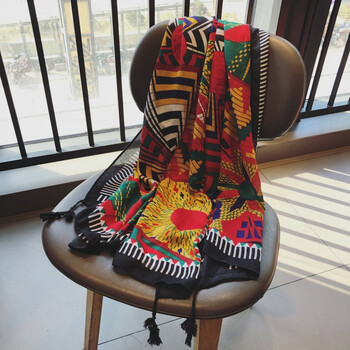 oloey民族风围巾女夏棉麻围巾太阳几何流苏纱巾薄款遮阳披肩丝巾沙滩