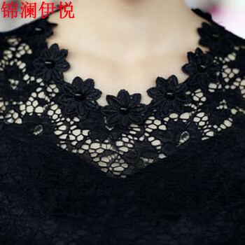 锦澜伊悦2015淑女装淑女性感镂空花朵黑色蕾丝衫t恤 女圆领长袖打底衫上衣春秋装新款 黑色 XL