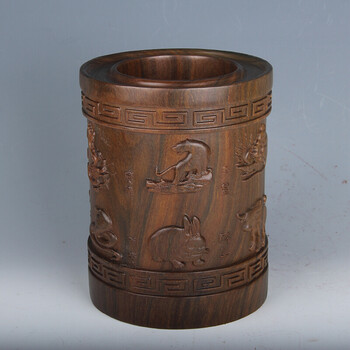 送客户绿檀笔筒木雕摆件 笔筒实木木雕根 雕刻木工艺品文房用品 商务