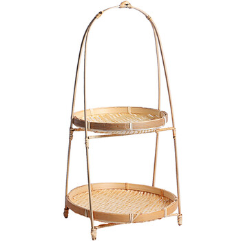 收纳吊篮 水果盘提篮子茶点心竹篮 家居储物筐面包架 本色双层小吊篮